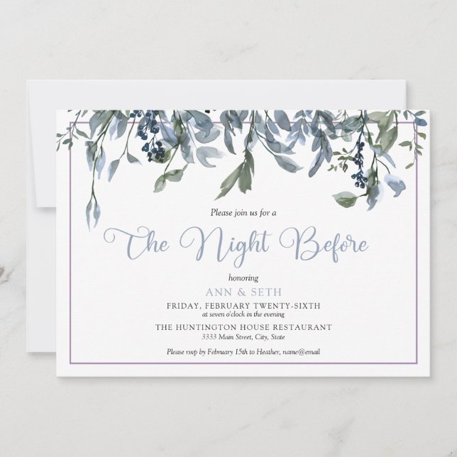 Watercolor Blue Floral The Night Before Invitation (Front)