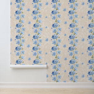 Watercolor Blue Floral Vine on Textured Cream Wallpaper
