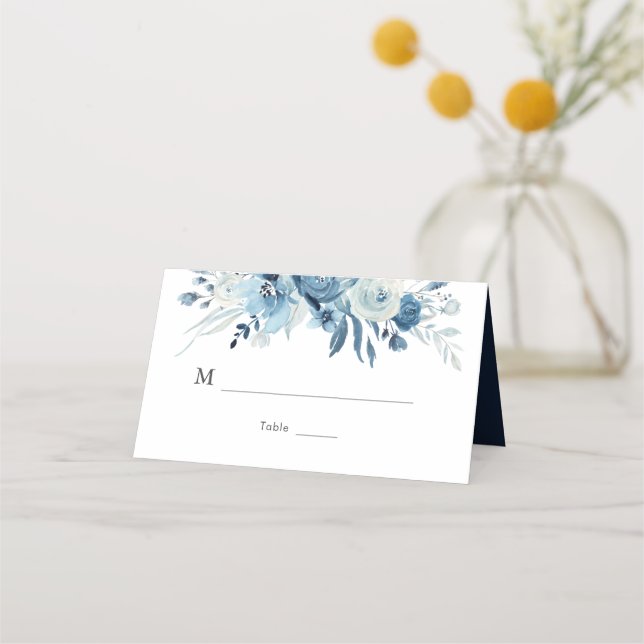 Watercolor blue floral wedding place card (Front)