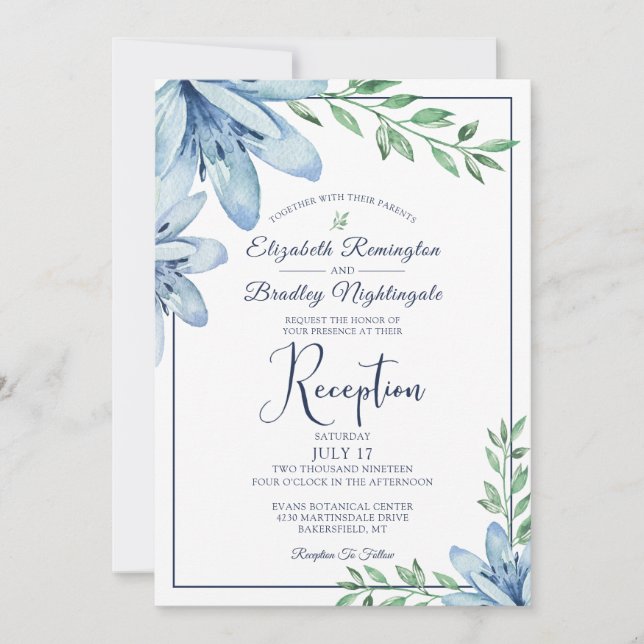 Watercolor Blue Floral Wedding Reception Invitation (Front)