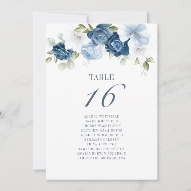 Watercolor Blue Floral Wedding Seating Numbers Invitation (Front)