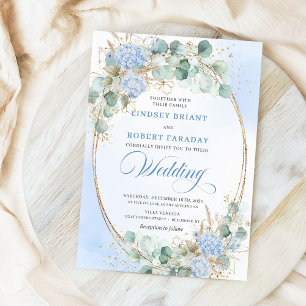 Watercolor Blue Floral Wheat Gold Wedding Invites