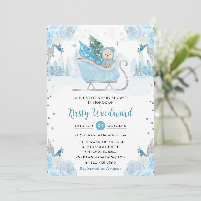 Watercolor Blue Floral Winter Bear Baby Shower Invitation (Standing Front)