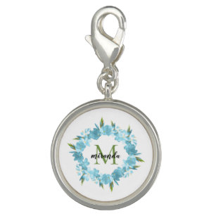 Watercolor Blue Floral Wreath Name Monogram Charm