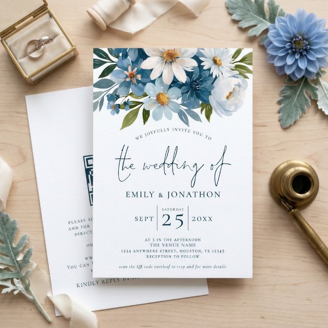 Watercolor Blue Florals QR Code Wedding  Invitation (Creator Uploaded)