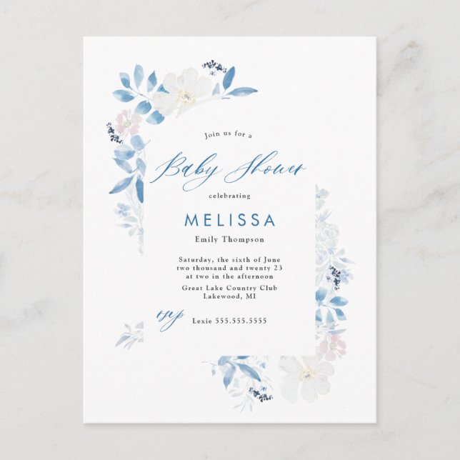Watercolor Blue Flower Baby Shower Invitation  Postcard (Front)