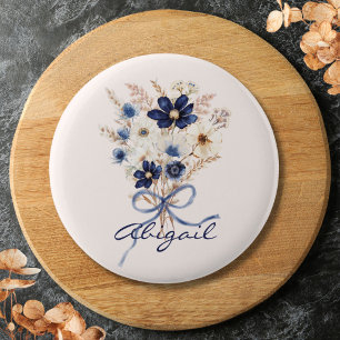 Watercolor Blue Flower Bouquet Floral Personalized 2 Inch Round Button