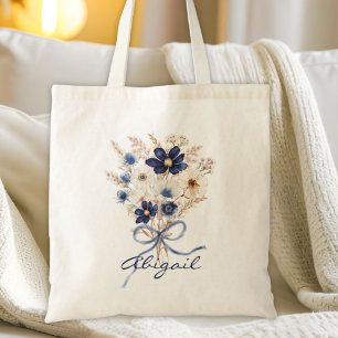 Watercolor Blue Flower Bouquet Floral Personalized Tote Bag