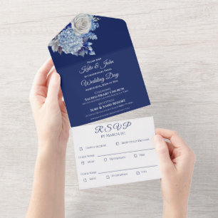 Watercolor Blue Flower Bouquet-Wedding- All In One Invitation