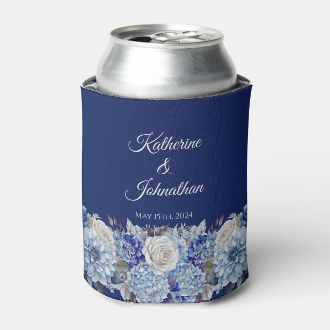 Watercolor Blue Flower Bouquet-Wedding- Can Cooler (Can Front)