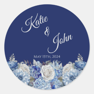 Watercolor Blue Flower Bouquet-Wedding- Classic Round Sticker