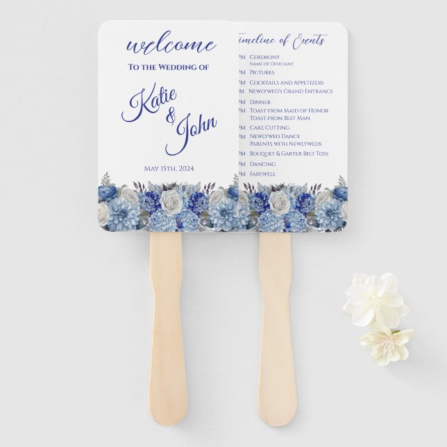 Watercolor Blue Flower Bouquet-Wedding Program- Hand Fan (Front and Back)