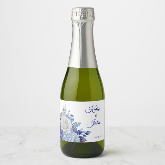 Watercolor Blue Flower Bouquet-Wedding- Sparkling Wine Label (Front)