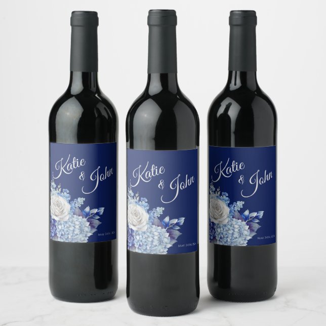 Watercolor Blue Flower Bouquet-Wedding- Wine Label (Bottles)
