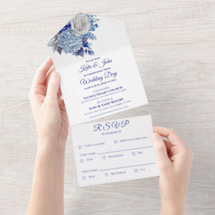 Watercolor Blue Flower Bouquet-White-Wedding- All In One Invitation