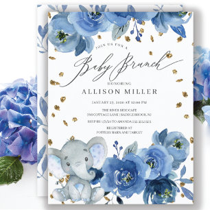 Watercolor Blue Flower Elephant Baby Shower Brunch Invitation
