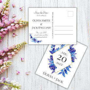 Watercolor Blue Flower Wedding Save the Date Postcard