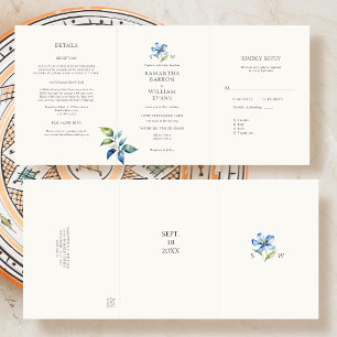 Watercolor Blue flower Wedding Tri-Fold Invitation