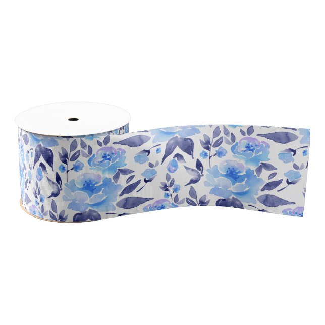 Watercolor blue flowers 2 grosgrain ribbon (Spool)