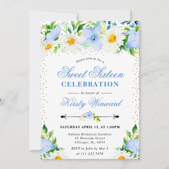 Watercolor Blue Flowers and Daisies Photo Sweet 16 Invitation (Front)