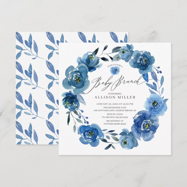 Watercolor Blue Flowers Baby Shower Brunch Invitation (Front/Back)