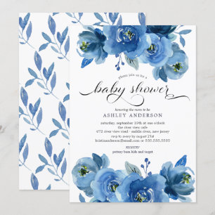 Watercolor Blue Flowers Baby Shower Invitation