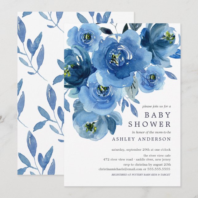 Watercolor Blue Flowers Baby Shower Invitation (Front/Back)