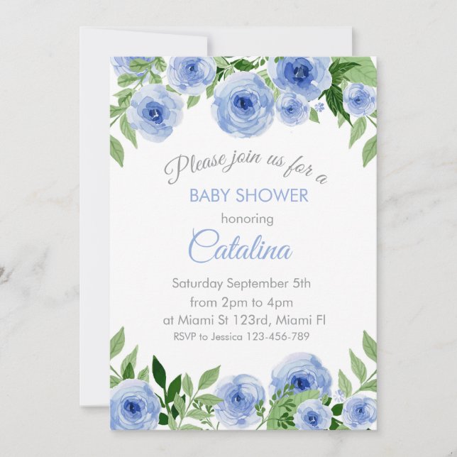 Watercolor Blue Flowers Baby Shower Invitation (Front)