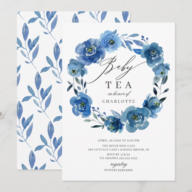 Watercolor Blue Flowers Baby Shower Tea Invitation (Front/Back)