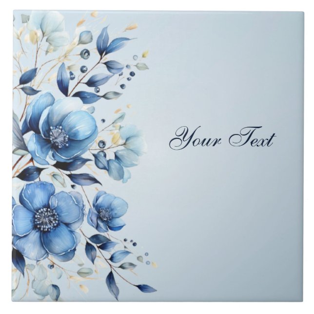 Watercolor Blue Flowers Ceramic Tile (Front)