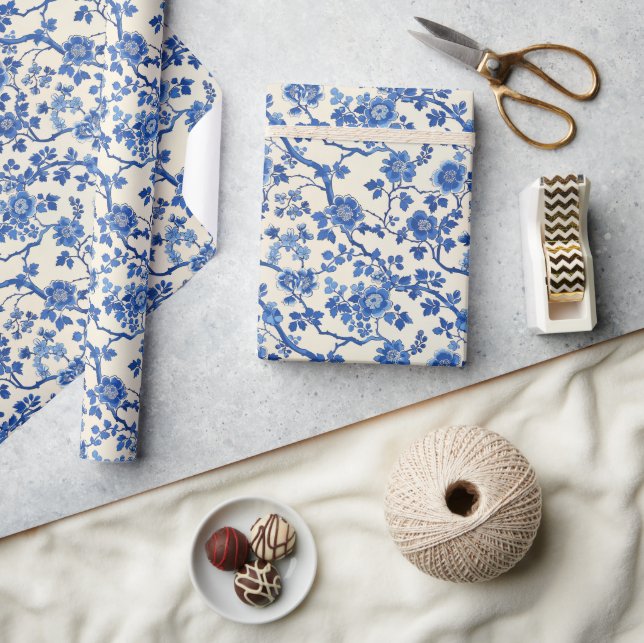 Watercolor blue flowers Chinoiserie spring garden Wrapping Paper (Crafts)