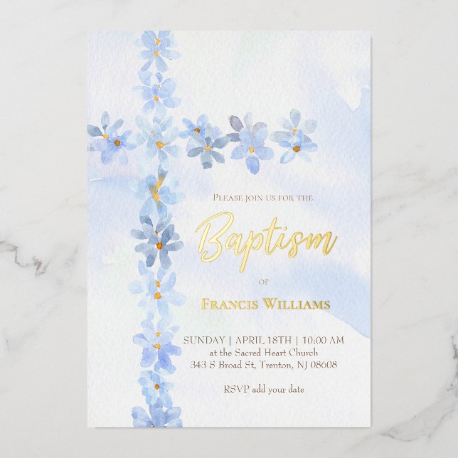 watercolor blue flowers cross Baptism (Front)