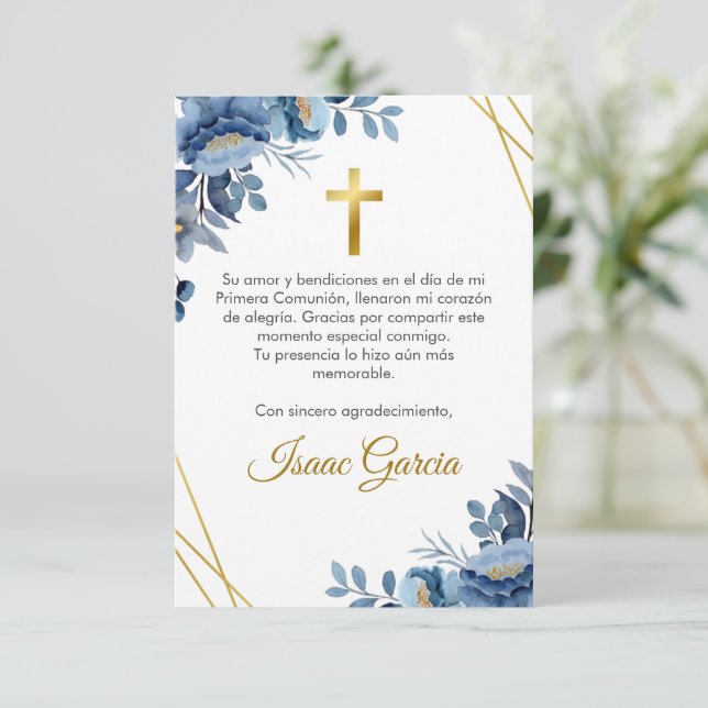 Watercolor Blue Flowers Cute First Communion Thank You Card (Standing Front)