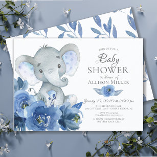 Watercolor Blue Flowers Elephant Baby Shower Invitation