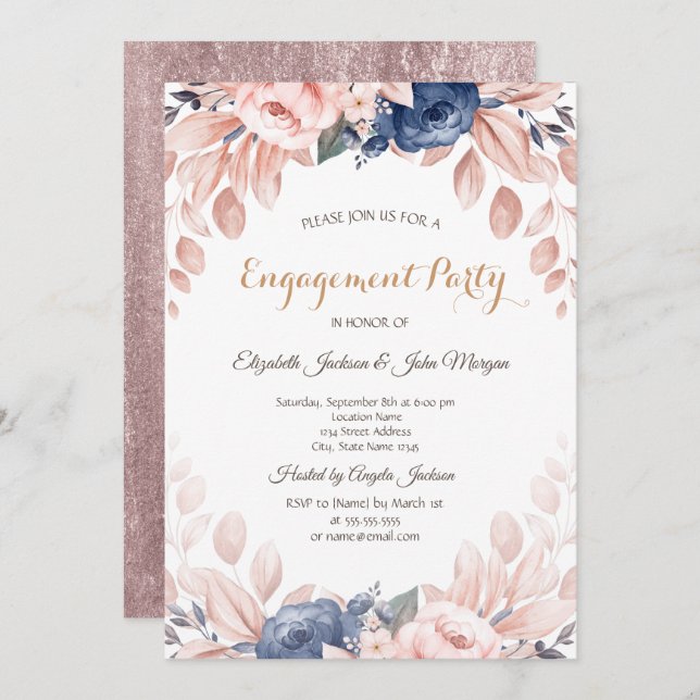 Watercolor Blue Flowers Engagement  Invitation (Front/Back)