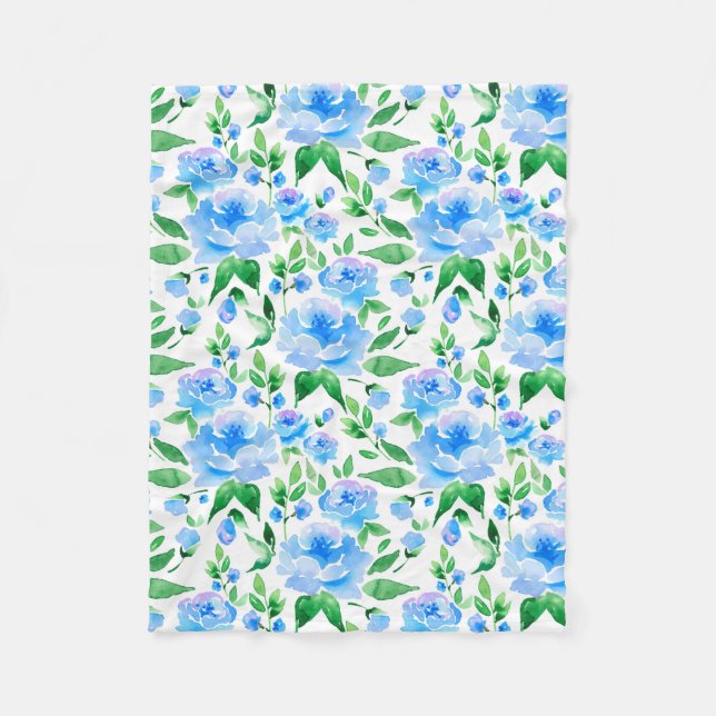 Watercolor blue flowers fleece blanket (Front)