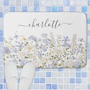 Watercolor Blue Flowers Floral Elegant Monogram Bath Mat