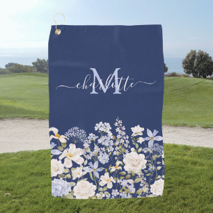 Watercolor Blue Flowers Floral Elegant Monogram Golf Towel