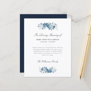 watercolor blue flowers funeral thank you card
