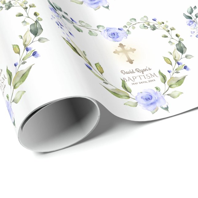 Watercolor Blue Flowers Gold Cross Boy Baptism Wrapping Paper (Roll Corner)