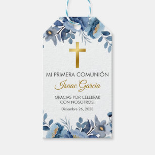 Watercolor Blue Flowers in Spanish First Communion Gift Tags