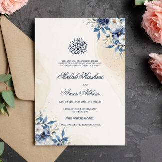 Watercolor Blue Flowers Islamic Muslim Wedding Invitation