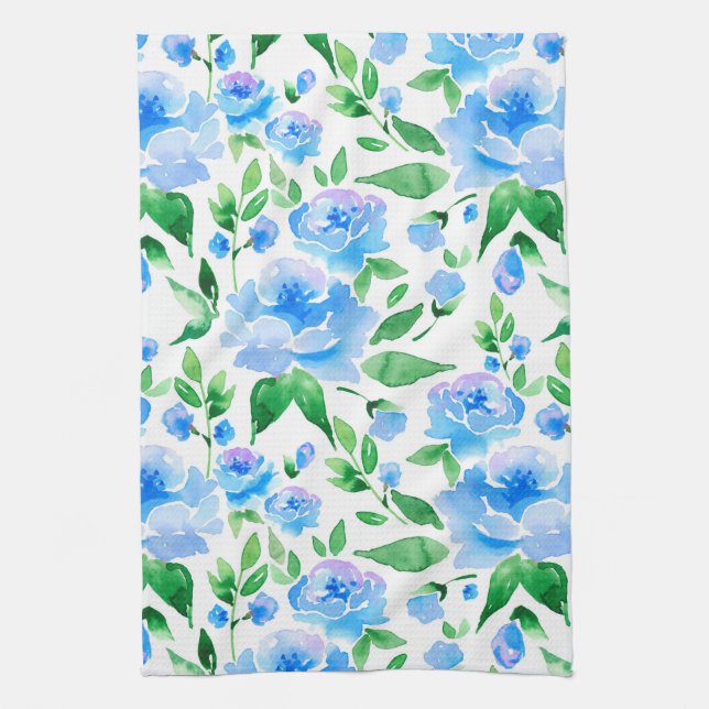 Watercolor blue flowers kitchen towel (Vertical)