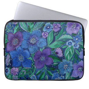 watercolor, blue flowers laptop sleeve