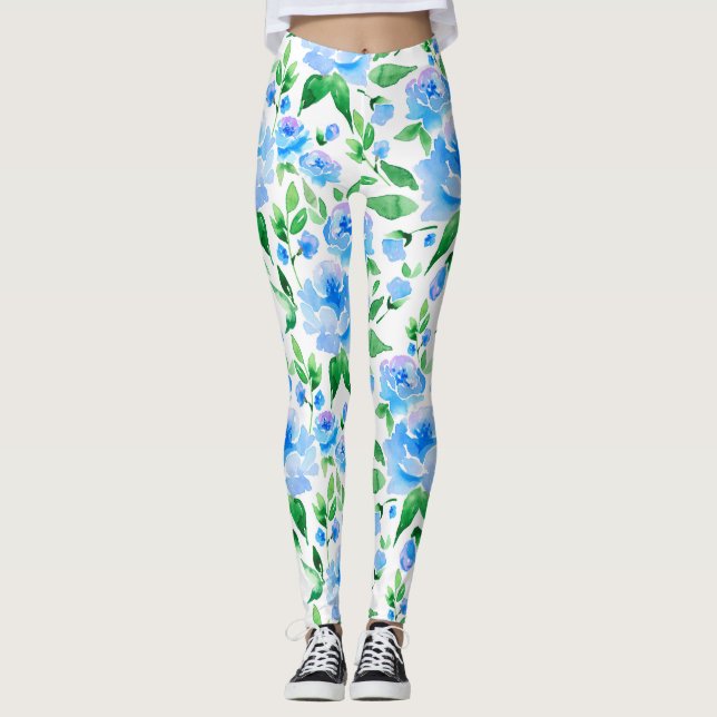 Watercolor blue flowers leggings (Front)