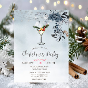 Watercolor Blue Flowers,Lights Cocktail Christmas Invitation