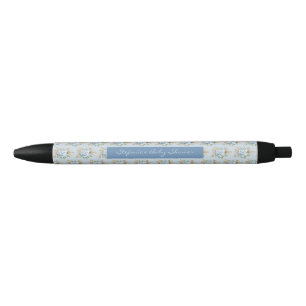 Watercolor Blue Flowers Pattern Baby Shower Favour Black Ink Pen