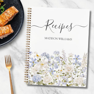 Watercolor Blue Flowers Personalized Recipe Book