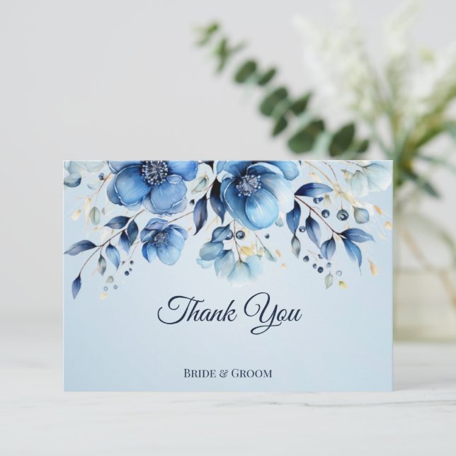 Watercolor Blue Flowers Thank You Card (Standing Front)