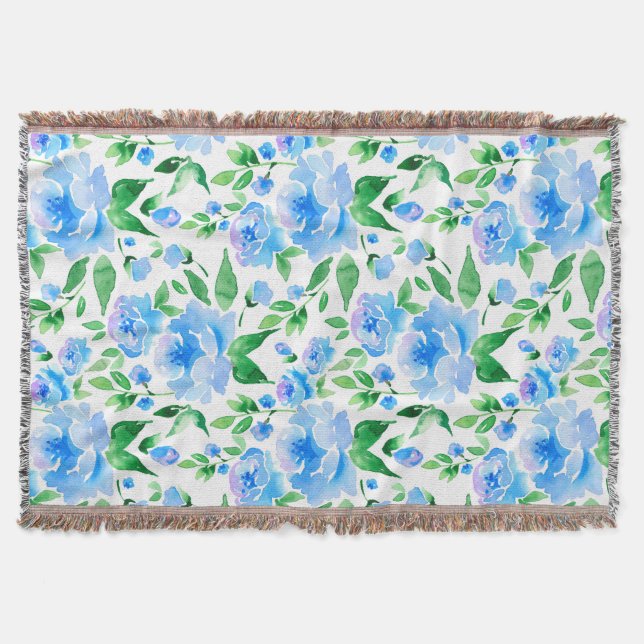 Watercolor blue flowers throw blanket (Front)